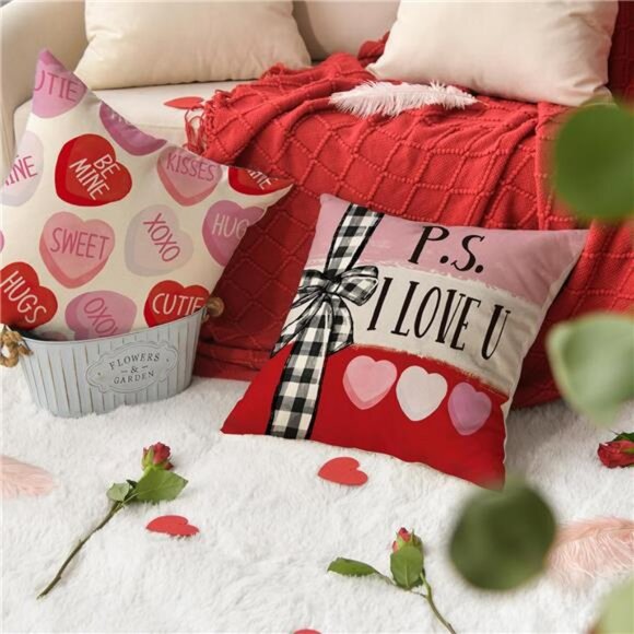 Lovely Be My Valentine Red Candy Heart Throw  4 Pillow Covers, 18 x 18 - Picture 6 of 7